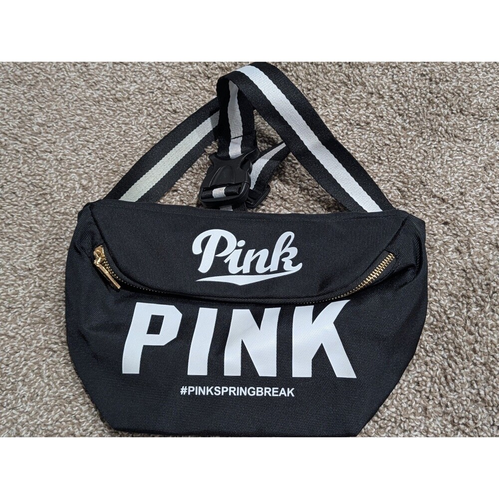 Victoria's Secret PINK Spring Break Fanny Pack Black with Gold Zipper Big Logo